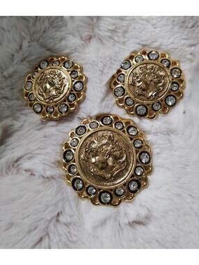 Vintage CRAFT Gold Tone Crystal Coin Brooch & Earrings Set